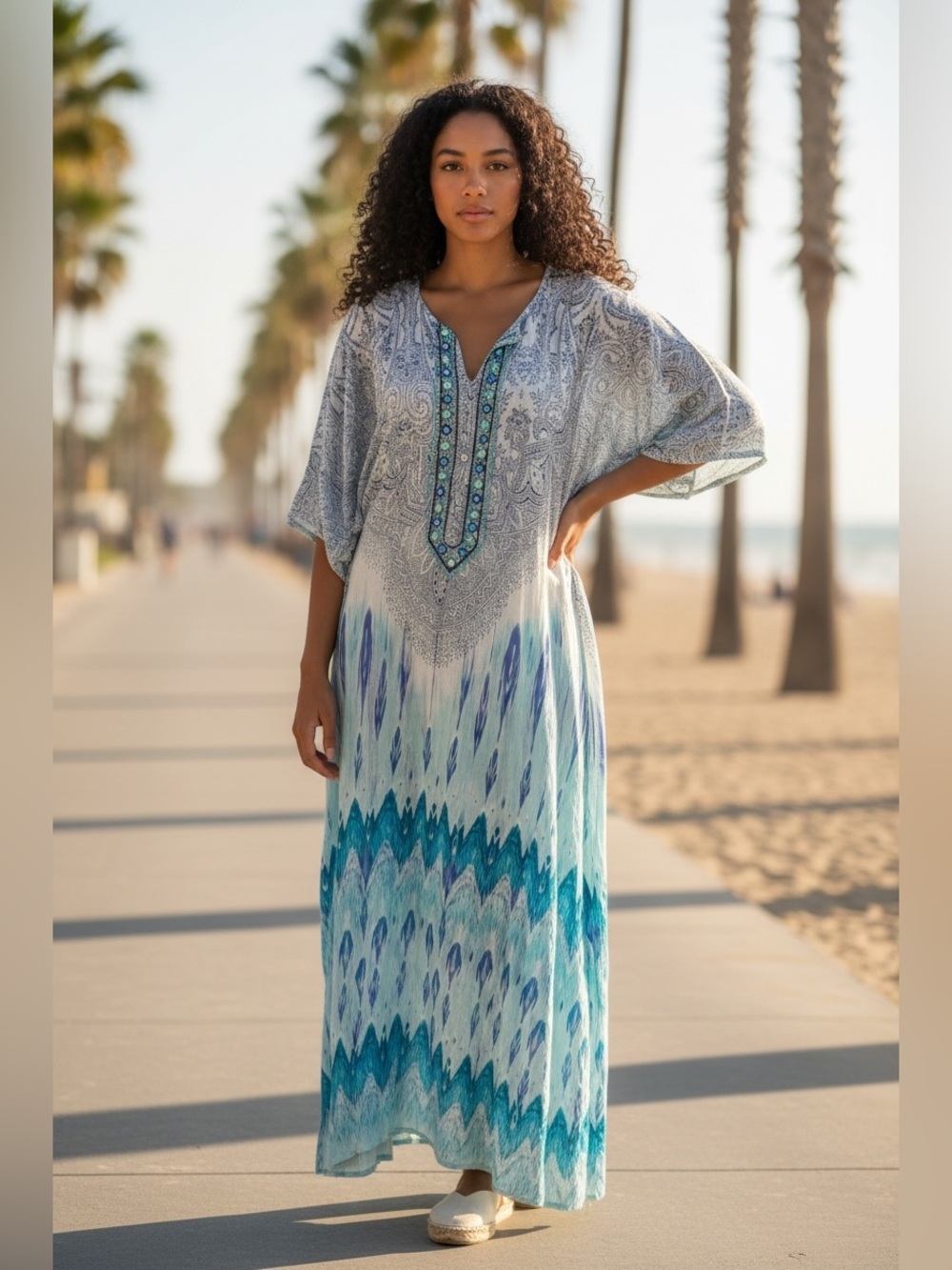 Stunning Debbie Katz Resort Cotton Coverup /Embellished Kaftan Dress /Blue Ikat - Picture 1 of 7
